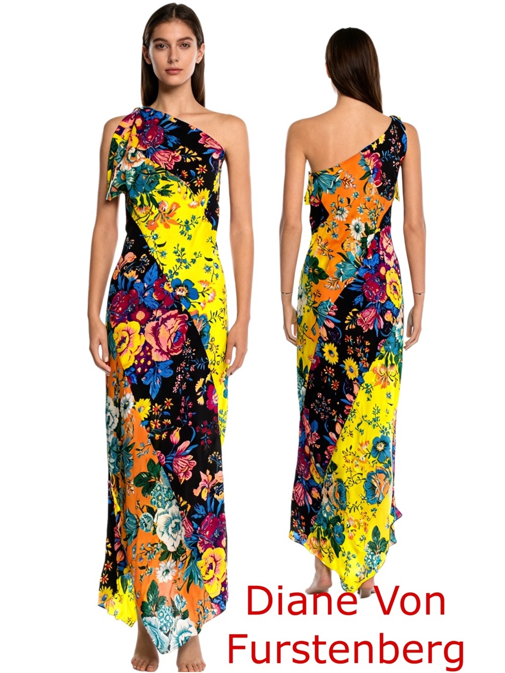 Diane Von Furstenberg One-Shoulder Floral Maxi Dress in Yellow, Black & Orange L